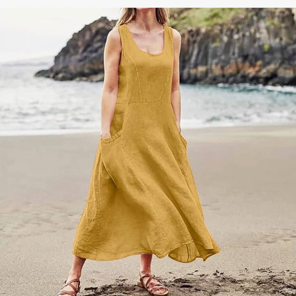 Hari 100% Linen Relaxed Casual Scoop Neck Boho Drop Pocket Yellow Midi Dress L